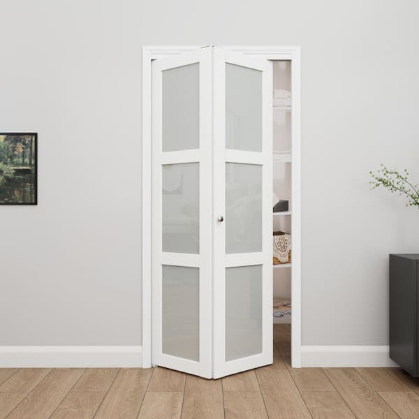 36 in. x 80 in. 3-Lite Tempered Frosted Glass and Solid Core White Finished MDF Closet Bi-Fold Door with Hardware