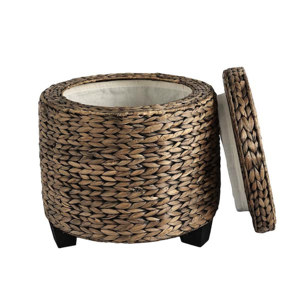 Addie 17.72 in. Modern Coastal Handwoven Water Hyacinth Storage Ottoman with Lid, Brown Wash