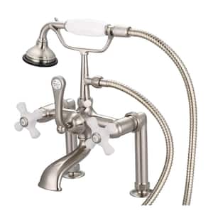 3-Handle Vintage Claw Foot Tub Faucet with Hand Shower and Porcelain Cross Handles in Brushed Nickel