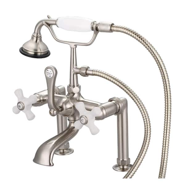 Water Creation 3-Handle Vintage Claw Foot Tub Faucet with Hand Shower and Porcelain Cross Handles in Brushed Nickel