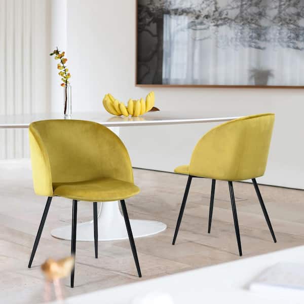 Homy Casa Ynez Yellow Velvet Upholstered Black Metal Legs Arm Dining Chairs(Set of 2)