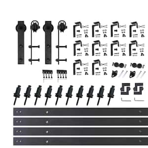 14 ft./168 in. Black Rustic Double Track Bypass U-Shape Sliding Barn Door Hardware Kit - Classic Design Roller