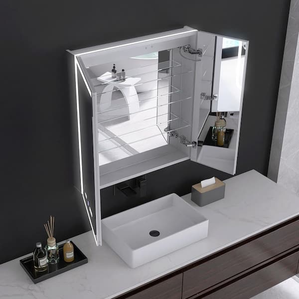 HHG 30 in. W x 32 in. H Rectangular Silver Aluminum Recessed/Surface Mount Medicine Cabinet with Mirror and LED