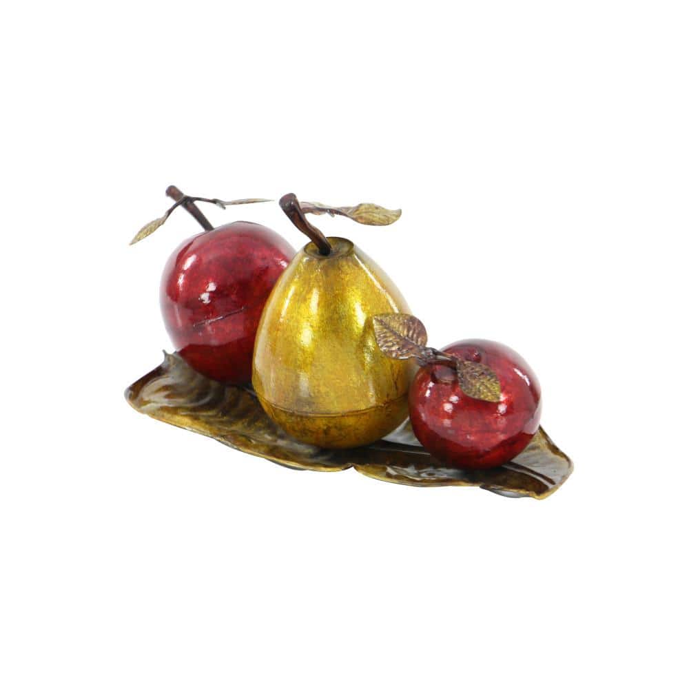 Glossy Red Apple and Yellow Pear Metal Sculpture on Leaf Tray