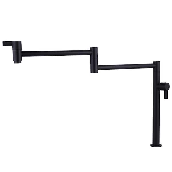Deck Mounted Brass Pot Filler Folding Kitchen Faucet with Stretchable Double Joint Swing Arms in Matte Black