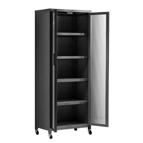5-Tier Double Open Door Kitchen Pantry Organizers Cabinet in Gray with Locking Wheels (23.6 x 15.7 x 67.3)