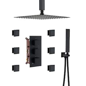 Athens Multiple 5-Spray Patterns Dual 12 in. Ceiling Mount Rainfall Shower Heads 2.5 GPM with 6-Jet Valve in Matte Black