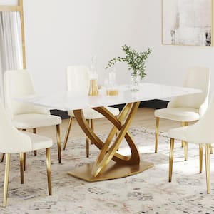 70.84 in. White Sintered Stone Tabletop Gold Cross Pedestal Base Dining Table (Seats 6)