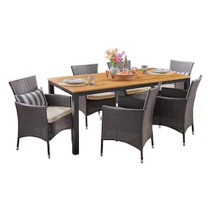 Dane Teak Brown 7-Piece Wood and Multi-Brown Faux Rattan Outdoor Dining Set with Beige Cushions