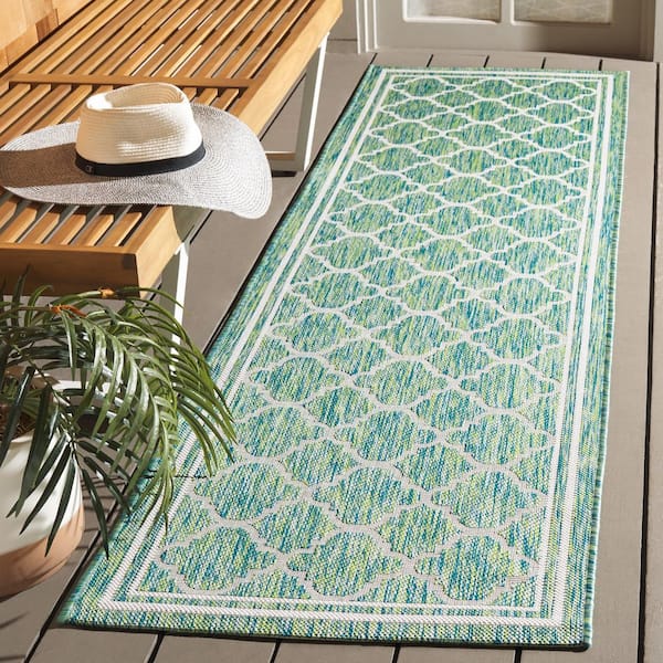 Courtyard Green/Ivory 2 ft. x 8 ft. Border Quatrefoil Indoor/Outdoor Runner Rug