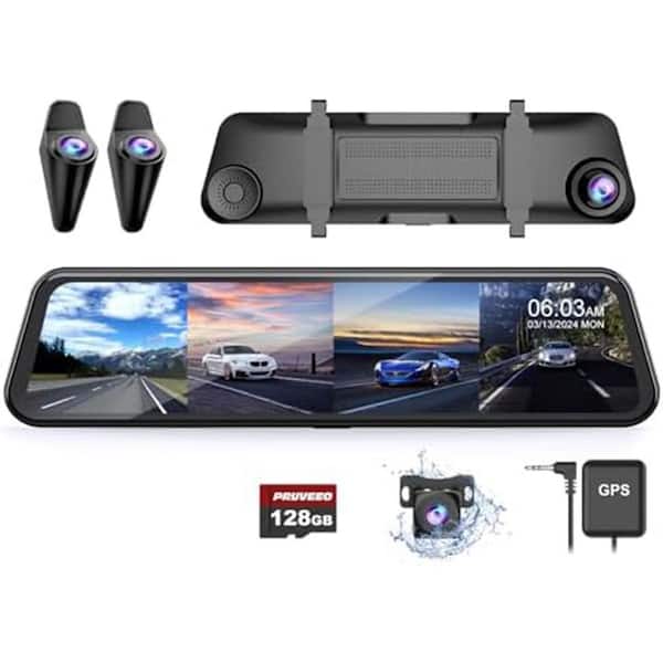 12 in. 4 Channel Mirror Dash Cam with 360 View, FHD 1080P, GPS, Night Vision, Loop Recording