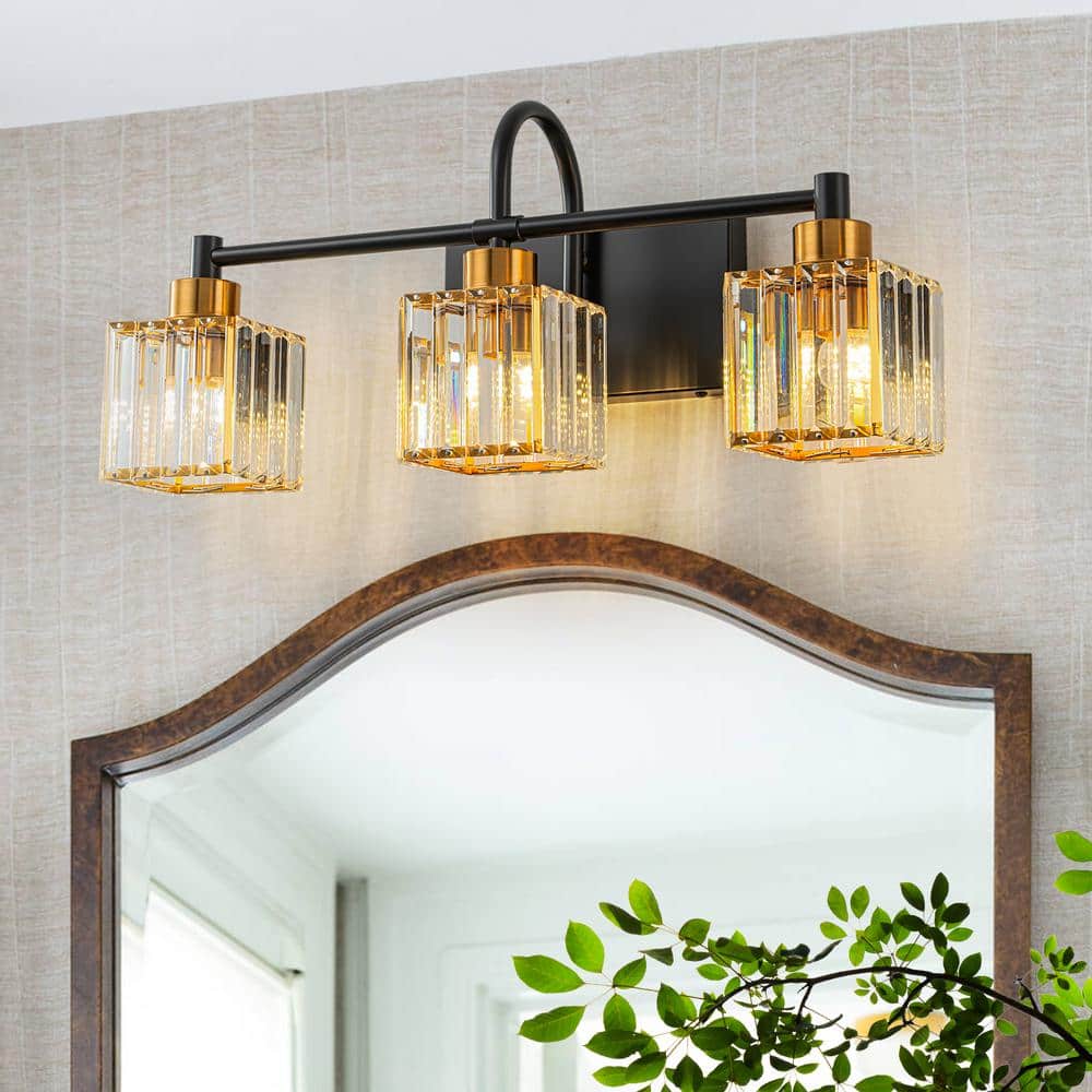 EDISLIVE Orillia 21 in. 3-Light Crystal Bathroom Vanity Light Black and Gold Bathroom Wall Light ...