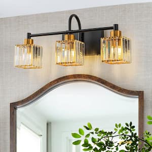 Orillia 21 in. 3-Light Crystal Bathroom Vanity Light Black and Gold Bathroom Wall Light