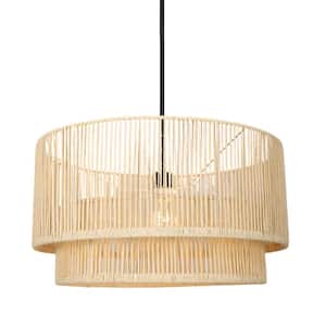 21.5 in 1-Light Beige Natural Adjustable Rattan Double Drum Pendant Light With 2-Tier Natural Rattan Shades