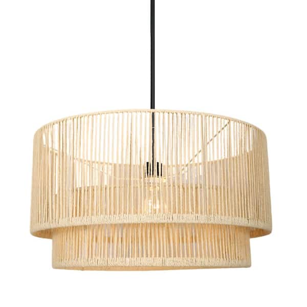 Pia Ricco 21.5 in 1-Light Beige Natural Adjustable Rattan Double Drum Pendant Light With 2-Tier Natural Rattan Shades