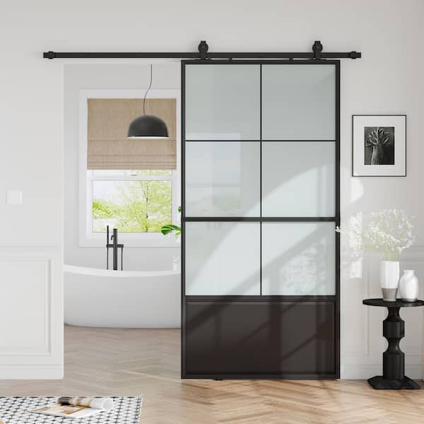 42 in. x 84 in. 3/4 Lites Frosted Glass Black Steel Frame Interior Barn Door with Sliding Hardware Kit