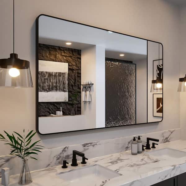 Odin 60 in. W x 36 in. H Tempered Glass Matte Black Rectangular Framed Wall Bathroom Vanity Mirror