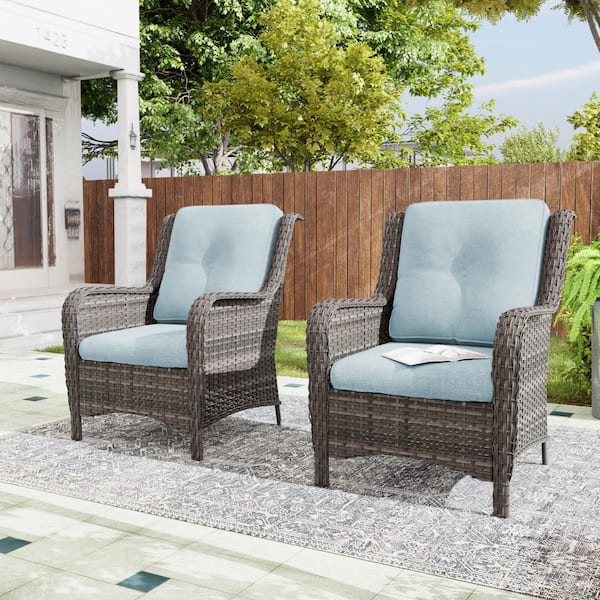 2-Piece Wicker Patio Outdoor Lounge Chair with Ergonomic Arm and Baby Blue Cushions