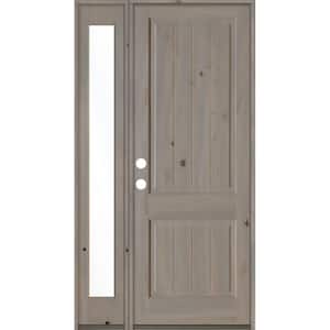 50 in. x 96 in. Rustic Knotty Alder 2 Panel Right-Hand/Inswing Clear Glass Grey Stain Wood Prehung Front Door w/Sidelite