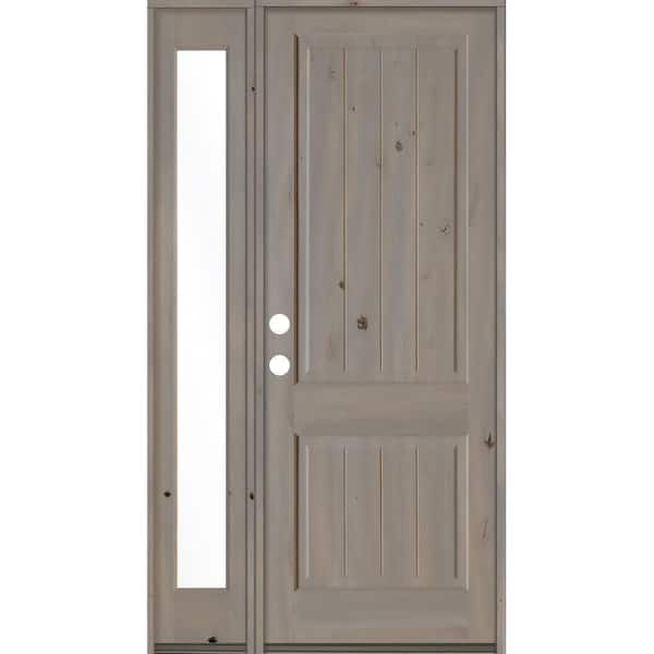 Krosswood Doors 56 in. x 96 in. Rustic Knotty Alder 2 Panel Right-Hand/Inswing Clear Glass Grey Stain Wood Prehung Front Door w/Sidelite