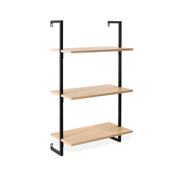Madera 40.55 in. Classic Industrial 3-Shelf Wood Wall-Mounted Open Ladder Bookcase with Metal Frame, Light Oak/Black