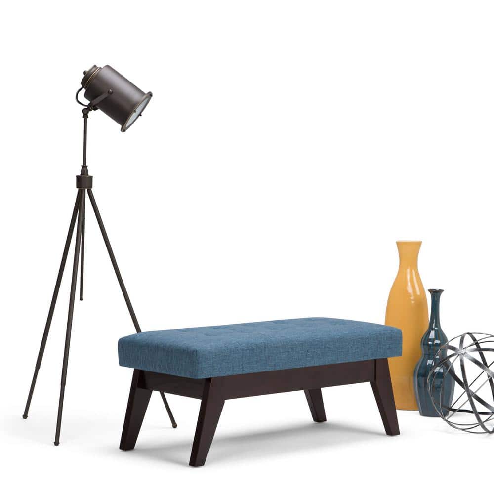 Draper Mid Century Tufted Ottoman Bench in Denim Blue Linen