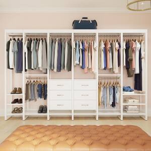 132 in. W White Adjustable Wood Closet System with 16-Shelves, 6-Rods and 9-Drawers