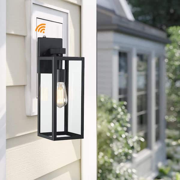 Martin 17.5 in. 1-Light Matte Black Hardwired Outdoor Wall Lantern Sconce with Dusk to Dawn