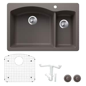 Diamond 33 in. Drop-in/Undermount Double Bowl Volcano Gray Granite Composite Kitchen Sink Kit with Accessories