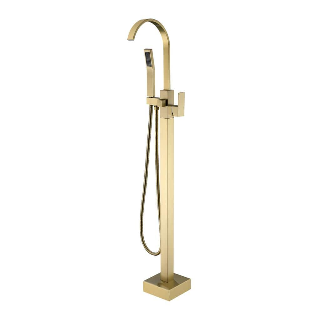 Upo 1-Handle Freestanding Floor Mount Roman Tub Faucet Bathtub Filler with Hand Shower in Brushed Gold -  Miscool, SHNKHD10E861GL