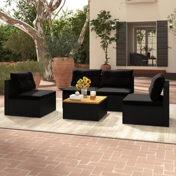Kadehome 5-Piece Outdoor Metal Patio Conversation Set with Solid Tabletop and Black Cushions