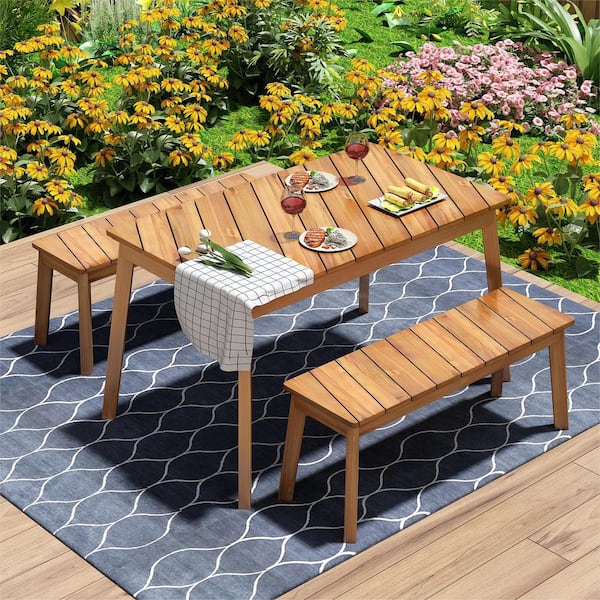 Harper & Bright Designs Natural 3-Piece Acacia Wood Rectangular Outdoor Dining Set