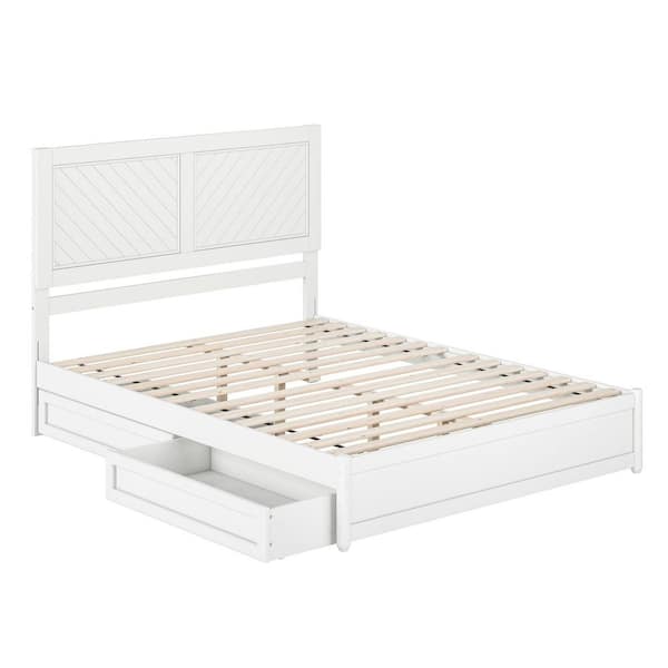 Clayton White Solid Wood Frame Queen Platform Bed with Panel Footboard and Storage Drawers