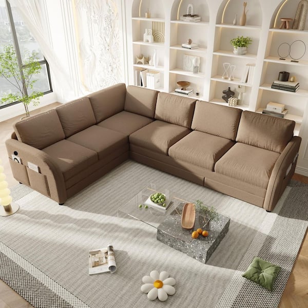 Mercy 115.2 in. Brown Teddy Fabric Upholstery King Size Sofa Bed with Pull-Out Bed, Side Pockets, USB Port