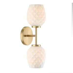 Dita 5.25 in. 2-Light Brushed Gold Wall Sconce with Etched Opal Glass Shades