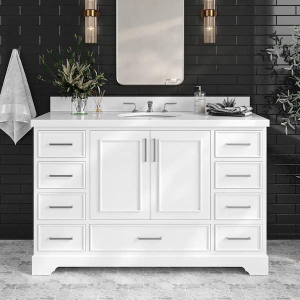 ARIEL Stafford 55 in. W x 22 in. D x 36 in. H Single Sink Freestanding Bath Vanity in White with Pure White Quartz Top