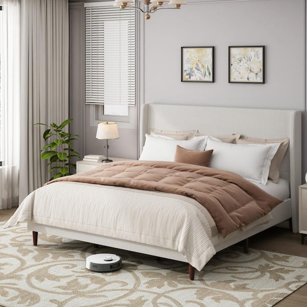 Tranlis Ivory White Wood Frame King Size Upholstered Chenille Platform Bed with High Headboard, Solid Wood Legs