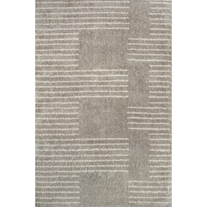 Petra Abstract Stripe Geometric Shag Gray/Ivory 3 ft. x 5 ft. Area Rug