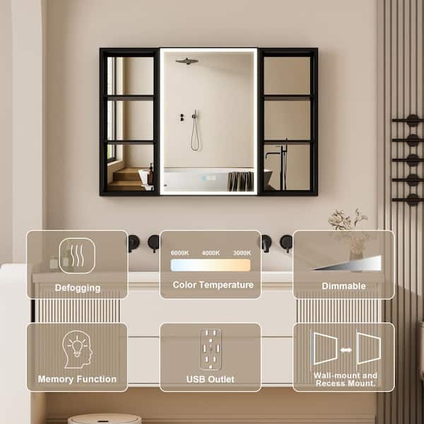 Forclover Dimmable LED Bathroom Medicine Cabinet 40-in x 30-in Defogging Surface Mount Black Mirrored Medicine Cabinet with 2 Side Cabinet Left Open