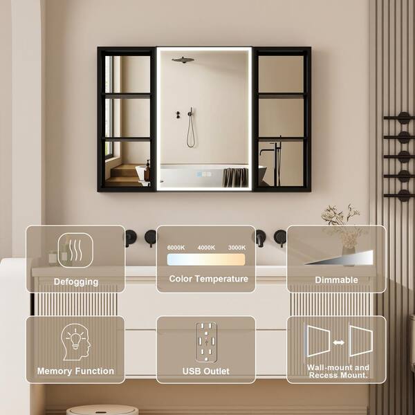 44 in. W x 30 in. H Rectangular Black Aluminum Recessed/Surface Mount LED Medicine Cabinet with Mirror and Outlet