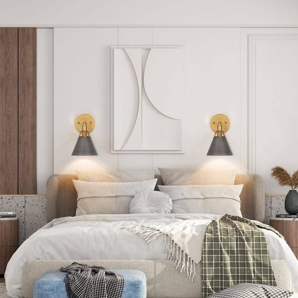 6 in. Brushed Vintage Gold Mid-Century Bell Wall Sconce with Metal Shade & Gray Accent 1-Light Vanity Lighting (2-Pack)