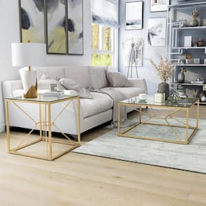 Karrey 35 .78 in. Gold Coating and Clear Square Glass Top Coffee Table