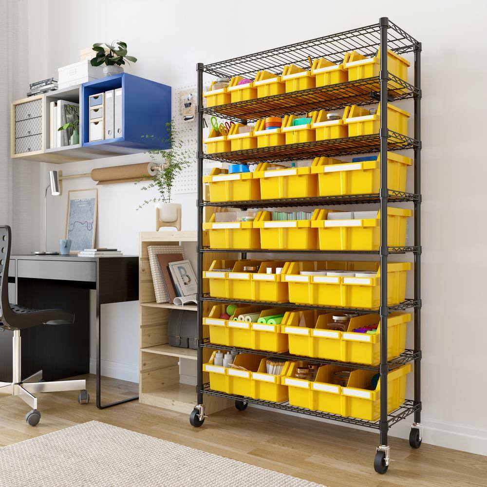 63.5" Black Steel 8-Tier Storage Rack with Yellow Bins