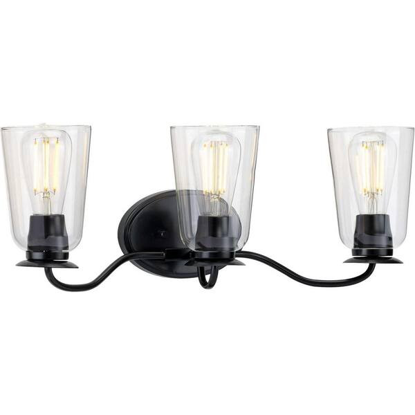Progress Lighting Durrell Collection 3-Light Matte Black Clear Glass Coastal Bath Vanity Light