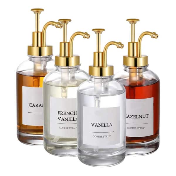 4-Pack 16.9 oz. Coffee Syrup Dispenser Syrup Dispenser with Labels Coffee Bar with Gold Pump