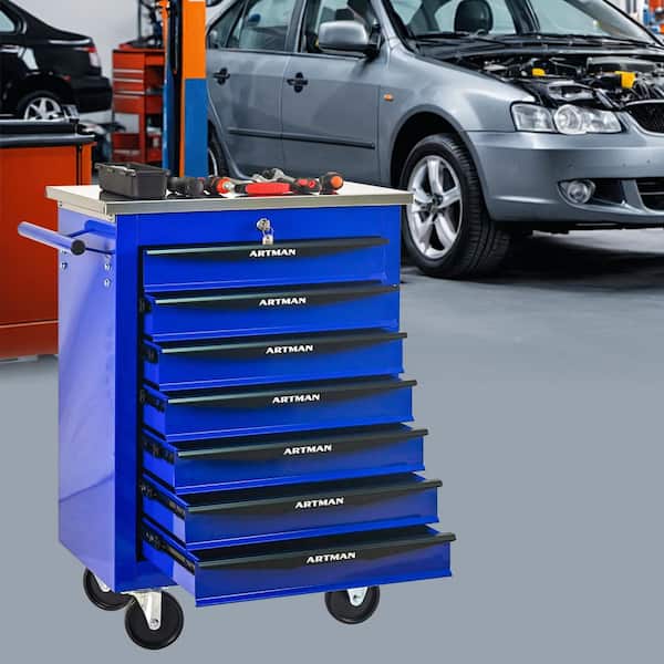 7-Drawer 13.58 in. W Black and Blue Multi-Purpose Tool Cart with Stainless Steel Top Workshops and Warehouses