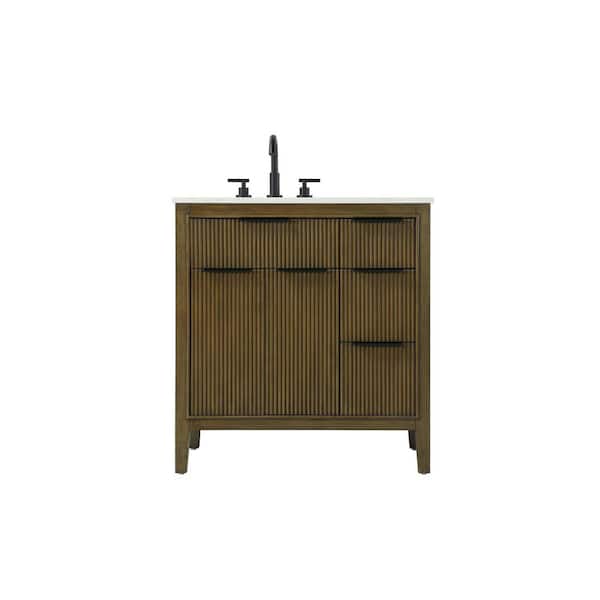32 in. Single Sink Freestanding Hazel Oak Bath Vanity with Marble White Engineered Marble Top