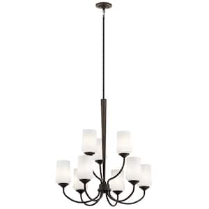 Aubrey 28.75 in. 9-Light Olde Bronze 2-Tier Transitional Shaded Cylinder Chandelier for Dining Room