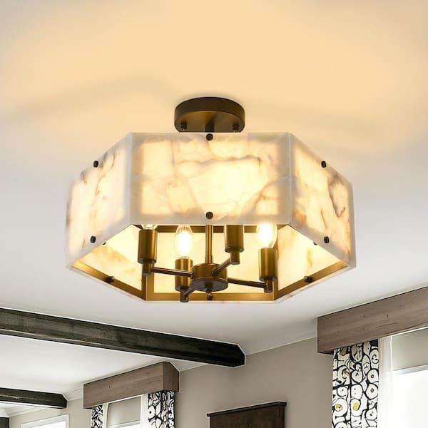 Modern 17.71 in. 4-Light Black Transition Semi-Flush Mount With Hexagon Marble Shade