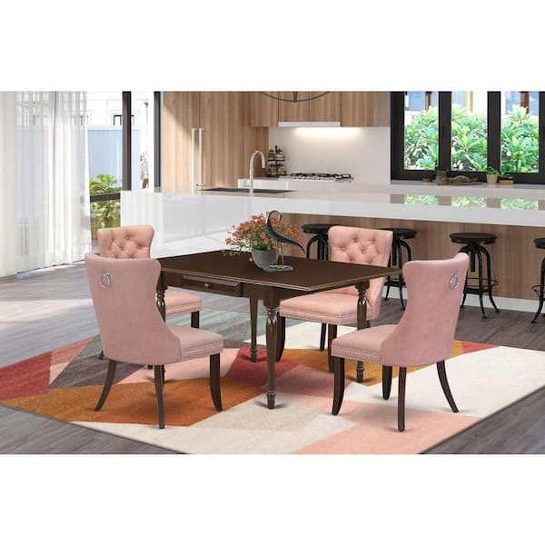 East West Furniture 5-Piece Mahogany Finish Solid Wood Top - Rectangular Upholstered Dining Room Set with Dropleaf (Seats-4)